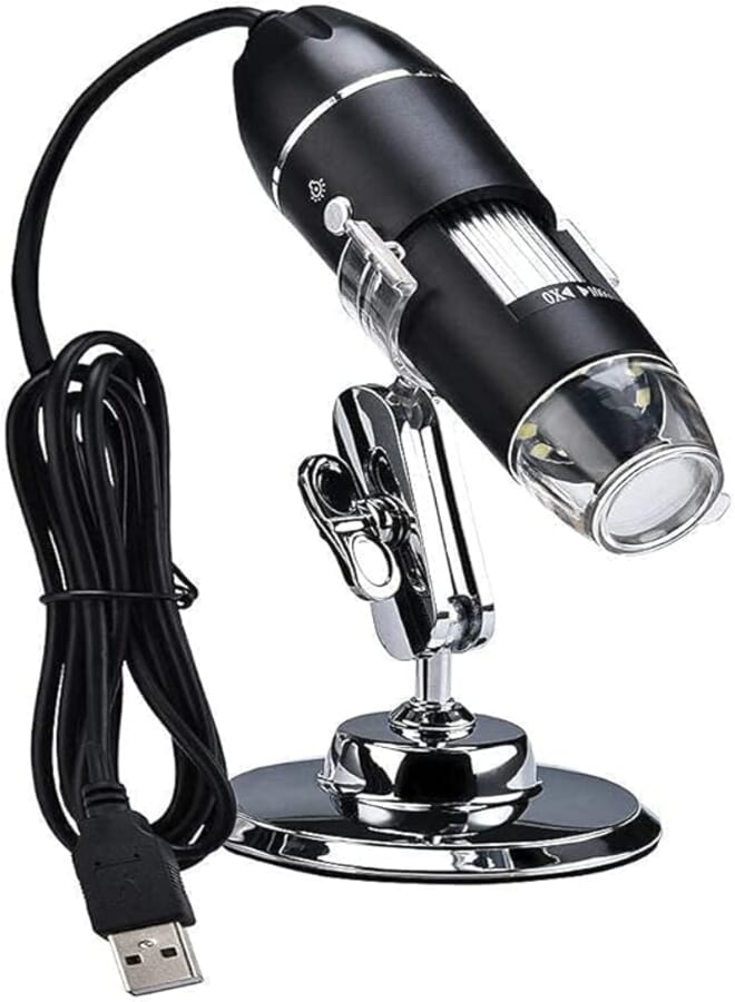 USB Digital Microscope 50X to 1600X, 8 LED, Black Metal Stand Compatible with Android and Laptop